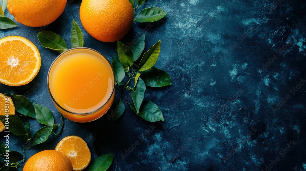Poster Enjoy refreshing orange juice with vibrant slices and whole oranges placed elegantly on a dark surface with green leaves. Generative AI