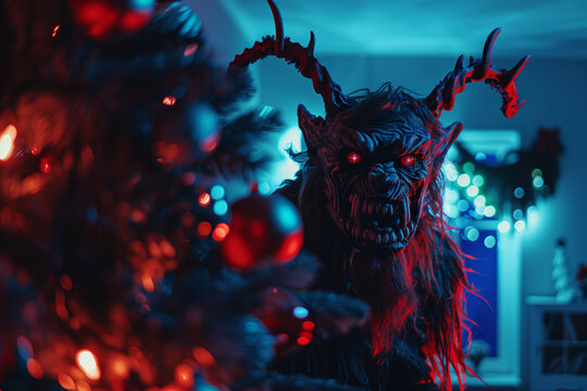 Krampus the scary figure of Christmas appearing at night inside a home to punish naughty children and misbehaving kids