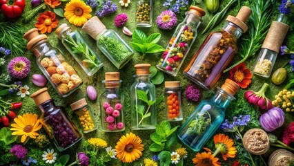 Fototapeta premium Herbal Supplements in Glass Bottles Amidst Vibrant Flowers and Greenery for Natural Wellness