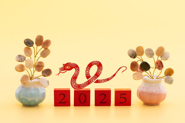 New year 2025 year of the Snake. Red snake decorated with plum blossom vector and Jade stone symbol...