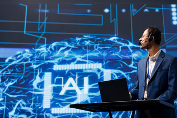 Public speaker talking with audience during remote call online AI webinar hosting leading experts and researchers exploring latest insights in artificial intelligence technology
