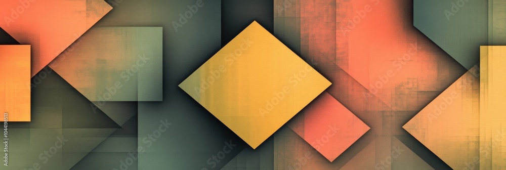 Poster The artwork showcases an arrangement of squares and rhombuses layered in different shades, creating a vibrant geometric design. Generative AI