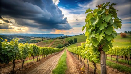 Naklejka premium Scenic vineyard landscape in Molise, Italy with tree leaves under cloudy and blue sky