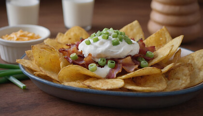loaded potato chips with bacon, green onions and sour cream