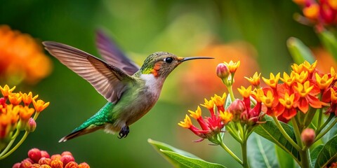 Fototapeta premium Hummingbird Feeding on Milkweed Flowers in Slow Motion, Captured at 2000fps for Stunning Nature Photography