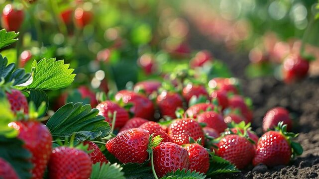 This Vibrant red strawberries are scattered among green leaves in a sunlit field.