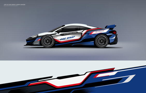 Racing Car and sport car branding with racing wrap decal or livery design. design with a touch of French flag color style. Abstract racing graphics white backround. Editable vector template
