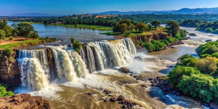 Scenic walk along Blue Nile river with depth of field effect