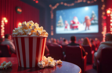 Popcorn in a cozy theater during a christmas movie screening with an audience enjoying the show
