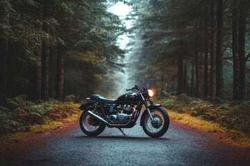 A motorcycle parked on a forest road, surrounded by tall trees and green foliage.