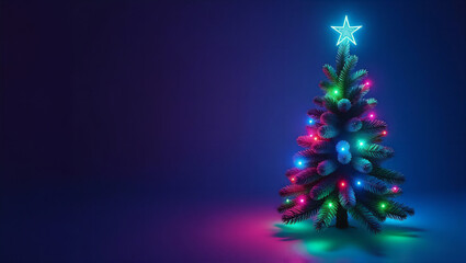A decorated Christmas tree with colorful lights and a star on top in a dark backdrop with place for text