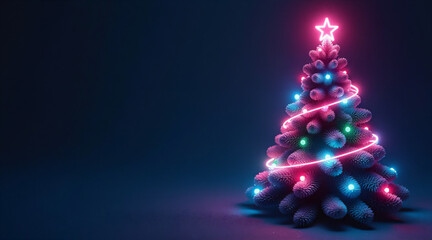 A colorful neon Christmas tree adorned with bright lights and a star at night with place for text