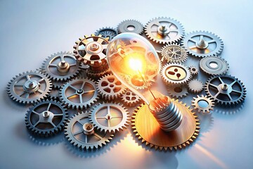 Innovative Idea Generation with Gears and Glowing Light Bulb on White Background
