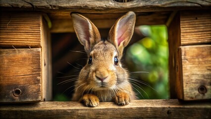 Obraz premium Inquisitive Rabbit Peeking from Rustic Hutch - Capturing the Charm and Curiosity of Domestic Animals in Close-Up