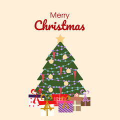 Christmas card with Christmas tree. Greeting Marry Christmas card with gifts under the tree. Christmas tree with yellow star. 