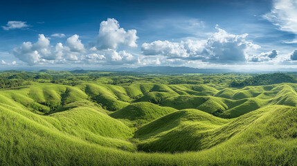 Fototapeta premium Rolling Green Hills Landscape with Blue Sky and White Clouds