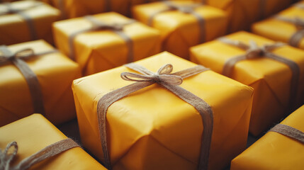 Yellow delivery boxes in large quantities tied with bows