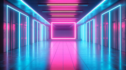 Fototapeta premium Neon Lights Corridor Futuristic Cyberpunk Glow Background