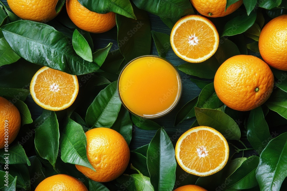 Poster a glass of freshly squeezed orange juice sits among whole and sliced oranges, complemented by green 
