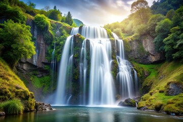 Naklejka premium scenic waterfall in the mountains with isolated white background and depth of field effect