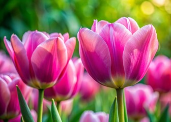 Fototapeta premium Large Pink Tulip Buds Close-Up in Garden - High Depth of Field Floral Photography