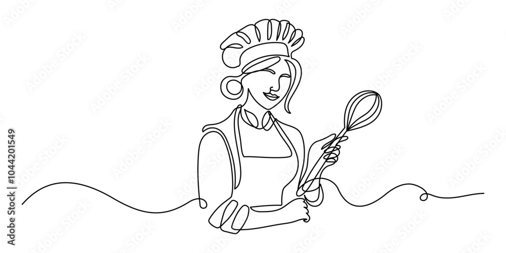 Aufkleber female chef in one continuous line drawing. cook in uniform working in kitchen in simple linear styl