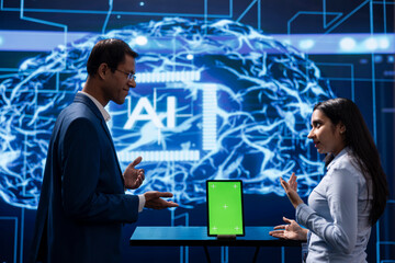 Engineers in high tech facility use AI machine learning on mockup tablet. Experts in modern...