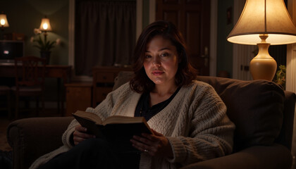 Woman reading book on cozy sofa in warm-lit room
