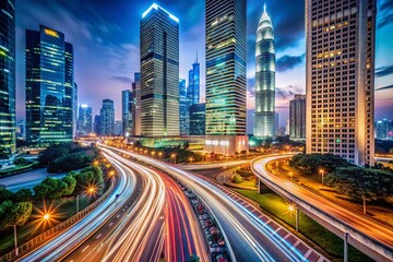 Obraz premium Long Exposure Business Dynamics Showcasing Power and Innovation in a Modern Cityscape