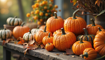 Autumn pumpkins on rustic wooden table with fall foliage