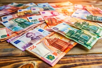 Long Exposure of Assorted Russian Banknotes on Table for Financial Backgrounds