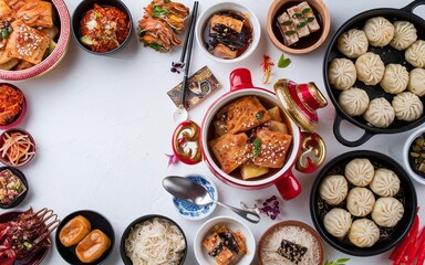 A spread of Chinese cuisine, featuring a variety of dishes, including dumplings, noodles, and stir-fries, arranged on a white background.