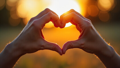 Hands forming heart shape against golden sunset