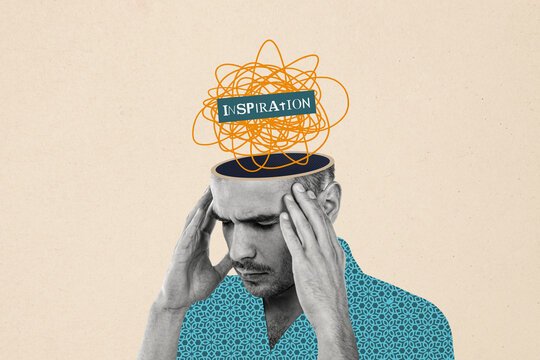 Composite collage picture image of young man chaos minded inspiration art brainstorming bizarre unusual fantasy billboard comics