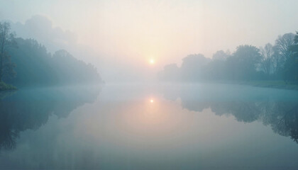 Fototapeta premium Misty sunrise over calm lake with forest reflection
