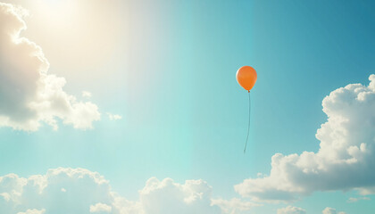 Fototapeta premium Orange balloon floating in bright blue sky with fluffy clouds