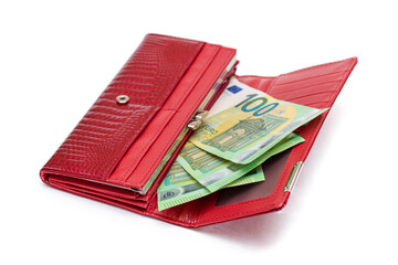 Opened Red Leather Women Purse with One Hundred Euro Banknotes Inside - Isolated on White Background. A Wallet Full of Money Symbolizing Wealth, Success, Shopping and Social Status - Isolation