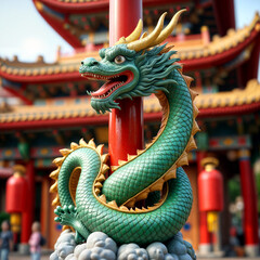 Obraz premium A dragon statue atop a red pole, located in front of a traditional Chinese building.