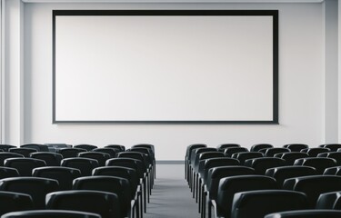Fototapeta premium A blank whiteboard positioned in the center of an empty conference room with rows of black chairs, creating a clean and professional atmosphere ideal for presentations or workshops.