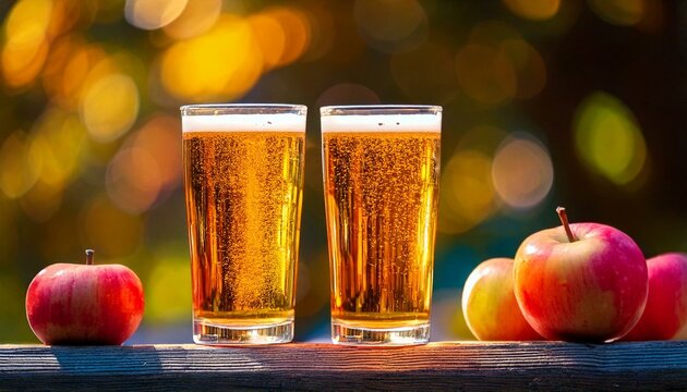 pints of cider and apples on a wooden table