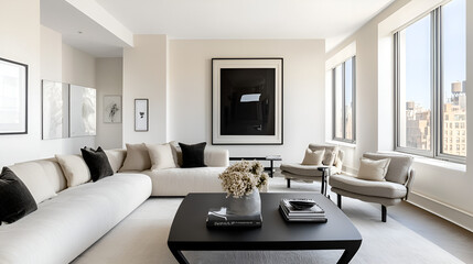 Minimalist Living Room with Sleek Wooden Furniture and Neutral Decor