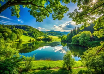 Fototapeta premium Lush Green Landscape Framed by Nature's Beauty - Scenic Wilderness Photography for Tranquil Settings