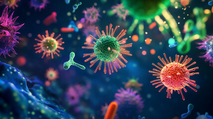 Obraz premium Microscopic View of Colorful Viruses and Bacteria