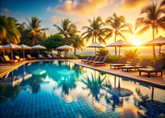 Fototapeta premium Luxurious Tropical Hotel Resort with Pool and Sun Loungers - Aerial View of Exotic Vacation Destination