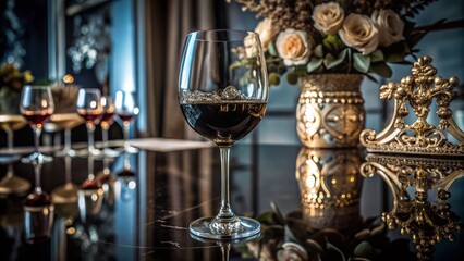 Fototapeta premium Luxurious Wine Experience: Macro Photography of Exquisite Wineglass on White Table for Event Celebration