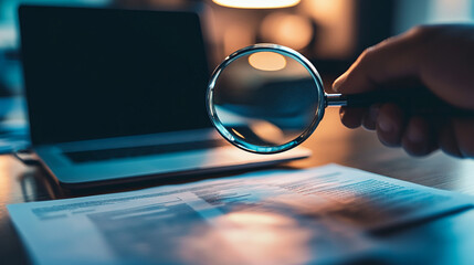 Fototapeta premium Magnifying Glass Examining Documents on Desk with Laptop
