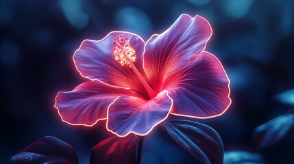 Glowing neon light hibiscus blooming flower illuminated under soft blue lighting
