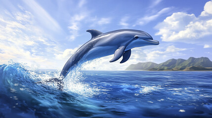 Obraz premium Dolphin Jumping Out of the Water in Ocean with Mountains in Background