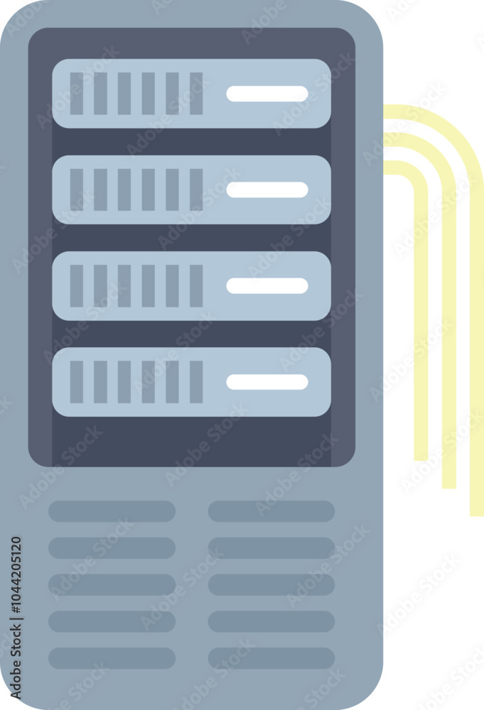 Poster illustration of a server rack with network cables, symbolizing data storage and processing in a data