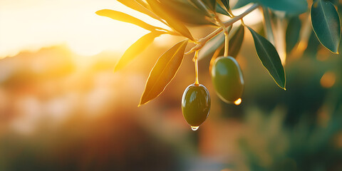 Olive oil drop on growing green olive in orchard, with copy space